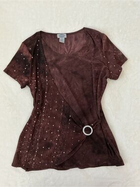 Sienna Grace Brown Embellished Asymmetrical Faux Wrap Top Medium Y2K